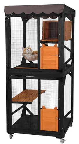 X-ZONE PET Catio Outdoor Cat Gehäuse auf Rädern Indoor Kitty Haus mit Katzenbett, Kratzbaum, springende Plattformen, wasserdichtes Dach (braun) 80CM/Lx80CM/Wx182.5CM/H