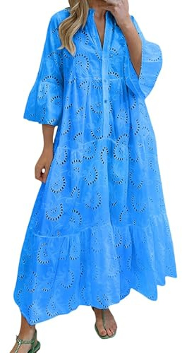 Oyuchga Robe longue d'été brodée pour femme - Grandes tailles - Manches 3/4 - Col en V - Creux - Brodée - Couleur unie - Longue robe chemisier - Crochet - Dentelle - Robe décontractée