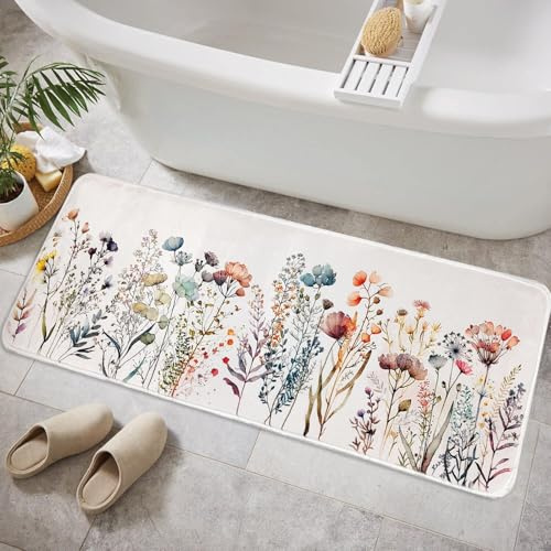 YULUOSHA Badematte Boho 16x47cm Langer Badteppich Nicht Rutschfest Abstrakt Weicher Plüsch Waschbarer Badezimmerteppich Dekoration für Badezimmer (Wilde Blumen, 120 x 40 cm)