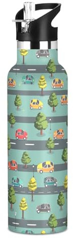 Carino Cartoon Cars Green Water Bottle con cannuccia coperchio isolato in acciaio inox bottiglie d'acqua per adolescenti ragazze 590 ml BPA Free doppia parete vuoto bambini tazze da viaggio