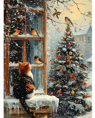 RICUVED 5D DIY Albero di Natale Diamond Painting Kit Completo, Diamant Painting,Gatto Pittura Diamante Strass Ricamo a Punto Croce Painting per Decorazioni Casa 30X40cm