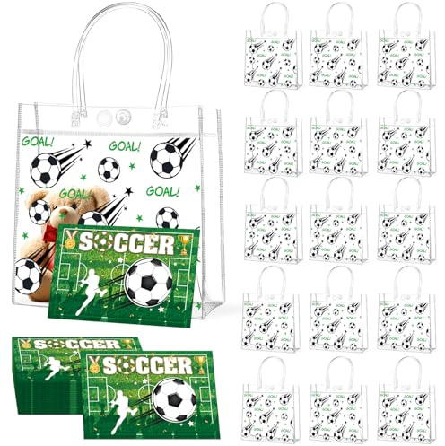 Transparente PVC-Geschenktüten und Grußkarten-Set, Fußball-Thema, Leckerli-Taschen mit Griffen, Sportthema, Partygeschenke für Jungen, Geburtstag, Urlaub, Sport, Team, Babyparty, Zubehör, 24 Stück