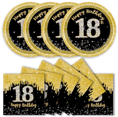 50 Pieces 18th Birthday Party Tableware Set, 18th Birthday Party Plates and Napkins Black Gold Paper Plates Party Birthday Tableware for Men Women Birthday Decoration (18th)