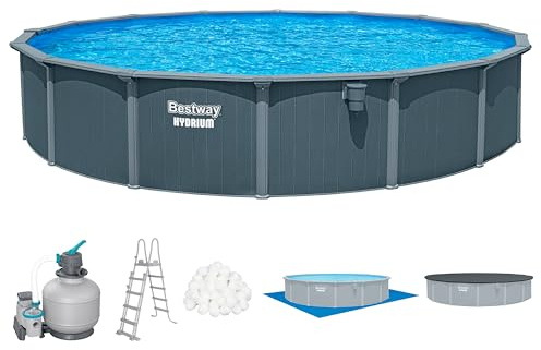 Bestway Hydrium Stahlwandpool Komplett-Set rund 732 x 132 cm Holz-Optik Grau XXL Gartenpool mit Sandfilteranlage