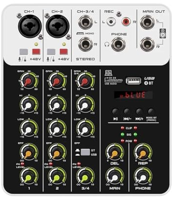 Mixer Audio, Mixer Audio DJ Controller, Bluetooth 5.0 48V Alimentaze, Basso Rumore Di Fondo For Console Missaggio Registraze PC per streaming live, podcasting, PC