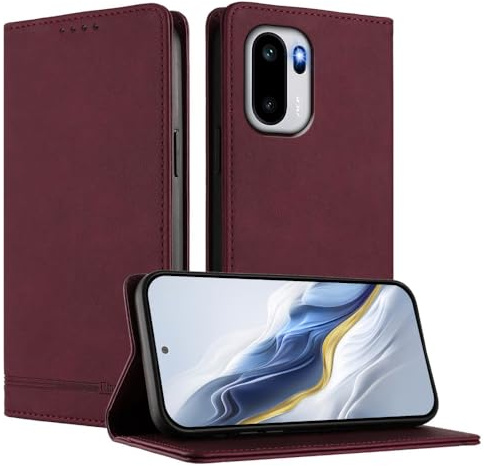 JNERBUYI Leder Handyhülle für OnePlus Ace 6, Premium Flip Case, Business Hülle mit Starkem Magnet, Stoßfest Schutzhülle.Wallet Handy Cover. Weinrot