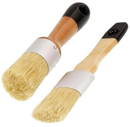 2 Pack Wax and Chalk Paint Brushes, Natural Bristle Round Oval Brushes for Furniture, Stencilling, DIY Crafts & Home Decor