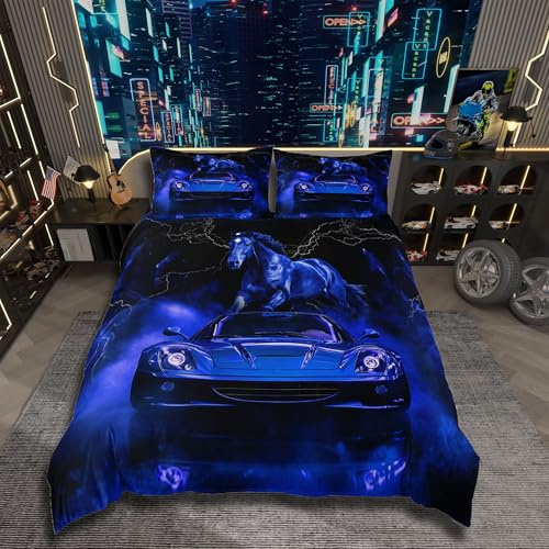 Homemissing Rennwagen Junge Bettwäsche Set 135x200cm Kinder Extreme Sport Thema Bettwäsche-Set Pferde Blau Dekor Bettbezug mit 1 Kissenbezug Auto Sportwagen mit Reißverschluss