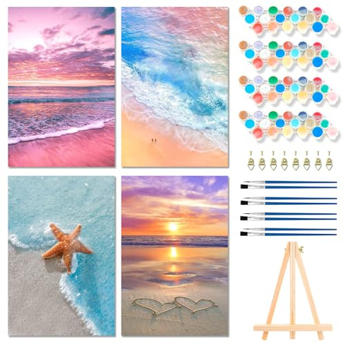 Fokenzary - Kit de pintura por números para adultos, lienzo de playa DIY para principiantes, incluye caballete y pinturas acrílicas con marco (20x30 cmx4 piezas)