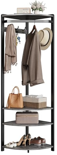 Crevyteg Portant d’Angle Semi-Circulaire – 6 Crochets Doubles, Banc à Chaussures, 4 étagères – Rangement Compact pour entrée, Couloir, Chambre ou Dressing – Couleur : Gris Pierre