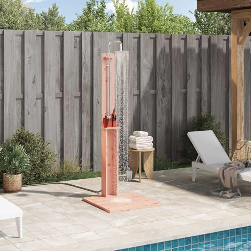 Kaloriko Ducha de exterior de madera de Douglas maciza y acero inoxidable de 206 cm de altura con cabezal giratorio y altura regulable para jardín, piscina, jacuzzi y verano