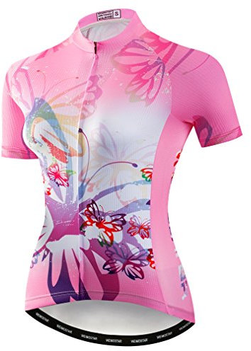 Maillot de Cyclisme Hauts de vélo pour Femmes Chemise Respirante Vêtements de Montagne Haut de vélo VTT Maillot de Route Manches Courtes Fleur d'été Rose L