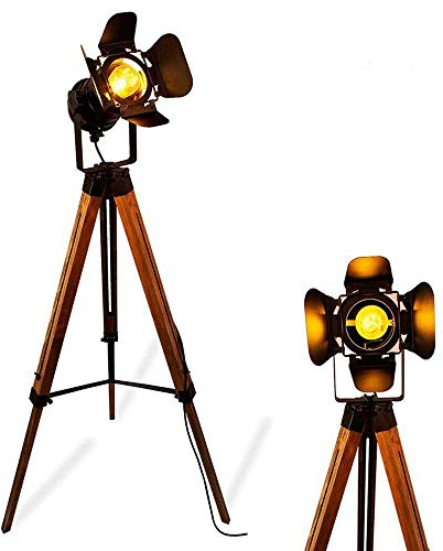 Vintage Black Wood Tripod Floor Lamp for Living Room, Modern Industrial Metal Nautical Cinema e27 Standing Corner Searchlight - Rustic Reading Adjustable Desk Table Light for Bedroom Office Decoration