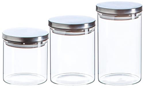 Argon Tableware Scandi Storage Jars Set with Metallic Silver Lids - 3 Sizes - Modern Round Organisation Container Glass Jar for Kitchens, Pantry, Bathrooms, Utility Rooms