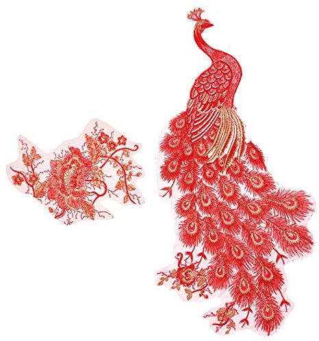 SOIMISS Pfau Applikation Pailletten Glitzer Pfingstrose Blume Aufnäher Bügelbild Aufbügler Bügeleisen auf Patches Bestickt Patches DIY Nähen Handwerk für DIY T- Shirt Jeans Kleidung 2 Stück Rot
