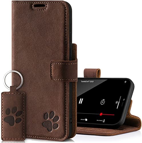 SURAZO Prestige Handyhülle für Apple iPhone 13 Pro – Echtleder Hülle mit Pfote Motiv – Vintage Klapphülle mit Standfunktion, Kartenfach und Schlüsselring - Handmade RFID Schutzhülle (Nussbraun)