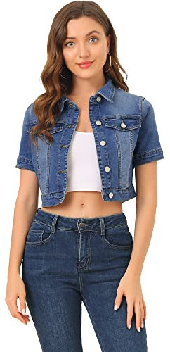 Allegra K Casual Jacket for Women's Short Sleeves Crop Jean Denim Jacket Blue L
