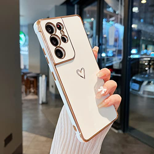 ZTOFERA Handyhülle Kompatibel mit Samsung Galaxy S21 Ultra 5G Hülle für Mädchen Frauen, Flexibel Silikon Schutzhülle mit Liebe Herz Muster Goldener Rand Stoßfest Bumper Cover, Weiß