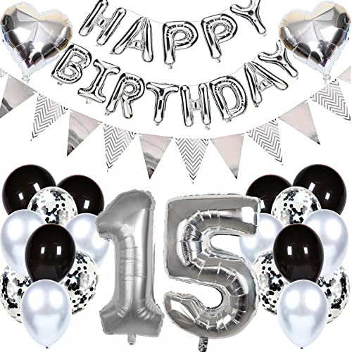 Ouceanwin Geburtstagsdeko 15 Jahre Mädchen Junge, Luftballon 15. Geburtstag Dekoration, Folienballon Zahl 15 Silber, Helium Ballon Happy Birthday Girlande für 15. Geburtstag Party Deko
