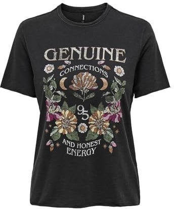 ONLY Onllucy Reg S/S Top Jrs Noos Femme Haut, Noir/Imprimé : Génie, M