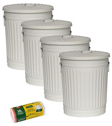Jinfa Lot de 4 poubelles en métal avec poignées et couvercle + 50 sacs poubelle | Blanc Crème | 18L
