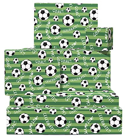 Fussball-Geschenkpapier – Geburtstagsgeschenkpapier für Jungen – 6 Blatt grünes Geschenkpapier – Fußball – Sport – Weltmeisterschaft – mit lustigen Aufkleber – von Central 23