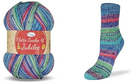 Rellana Flotte Socke Jubilee, 40Jahre Rellana,100 g/420m LL,4-fädige Sockenwolle,75% Schurwolle/25% Polyamid, (1760 blau-türkis-gelb-rot-grün)