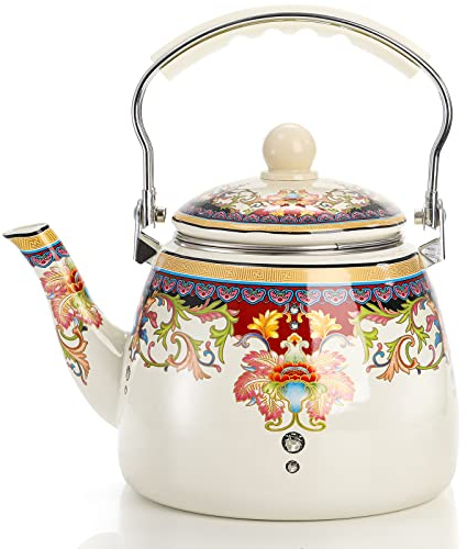 Yarlung Emaille-Teekessel mit Tee-Ei, Vintage-Blumen-Teakessel für Herd, bunte Emaille auf Stahl-Teekanne mit Griff für heißes Wasser, kein Pfeifen