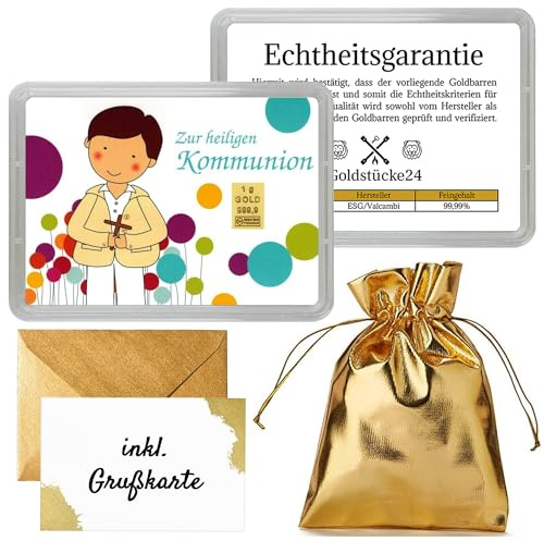 Goldstücke24 - Geschenk zur Kommunion Junge + Mädchen - 1g Goldbarren in Motivbox - Tolle Geschenkidee - Echtheitsgarantie - Grußkarte (Junge)