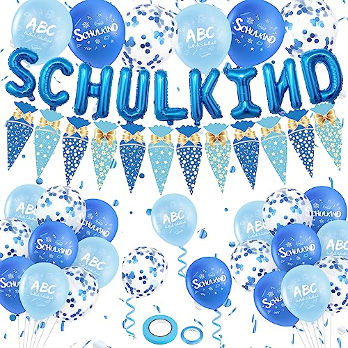 45 Stück Einschulung Deko für Junge Blau Schulkind Schulanfang Deko Set Schuleinführung Deko mit SHULKIND Folienballons Zuckertüte Girlande Banner Schulanfang Luftballons