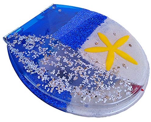 Toilettensitzbezüge, transparenter Toilettensitz aus Kunstharz mit echten Muscheln und Sand, antibakterielles Edelstahlscharnier, langsames Absenken in V/O/U-Form für EIN