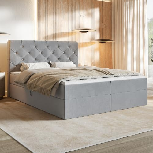 MOTIVENA Margo Chesterfield Boxspringbett 180x200 mit Bettkasten und Topper, Polsterbett 180x200 mit Bettkasten, Taschenfederkern-Matratze (H3), Visco Topper (H2), mit Strass, Samt, Grau (Hellgrau)