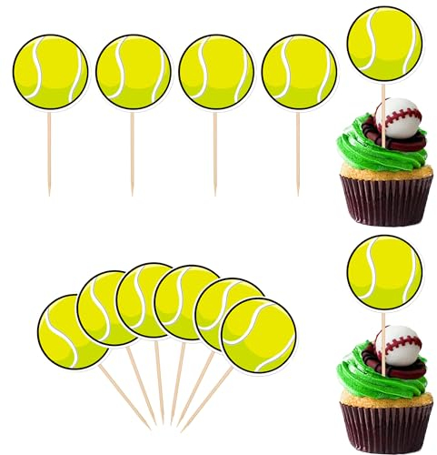 Rsstarxi 40 Pack Tennis Cupcake Toppers Sport Ball Tennis Game Cupcake Toothpicks for Tennis Sports Theme Baby Shower Kids Birthday Party Cake Decorations Supplies