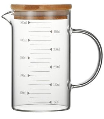 500ml Glas Messbecher, Hoch Borosilikatglas Messbecher Milch Kaffee Flüssigkeit Becher mit Holzdeckel und V-förmigem Ausguss für Küche oder Restaurant, Mikrowelle Ofen Gefrierschrank sicher