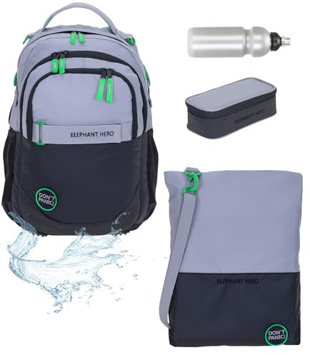 Elephant Schulrucksack 4 Teile Set Hero Signature Jungen Mädchen Rucksack Sportbeutel Mäppchen Flasche 12723 (Color Block Grau Grün 13047)