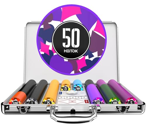 HEITOK Poker-Chips, 500 Stück, 11,5 g Chips mit Nennwerten, Casino-nummerierte Chips-Set mit Aluminiumkoffer, 2 Spielkartendecks