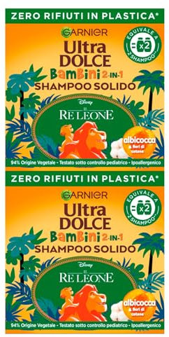 Garnier Ultra Dolce Il König der Löwen, 2-in-1-Shampoo, hypoallergen, für Kinder, Formel mit Aprikose und Baumwollblüten, 94 % pflanzlicher Herkunft, getestet unter pädiatrischer Kontrolle, 2 Seifen à