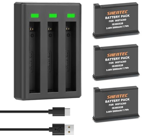 Shentec 2X 3.85V 2000mAh Akku + Dual USB Ladegerät mit Typ C-Port für Insta360 ONE X2 Kamera