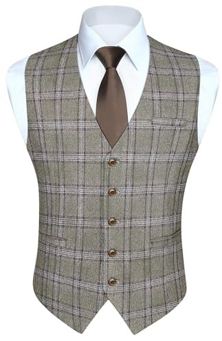 HISDERN Weste Herren Grau Kariert Tweed Westen Klassische Elegant Anzugwesten für Business Party M
