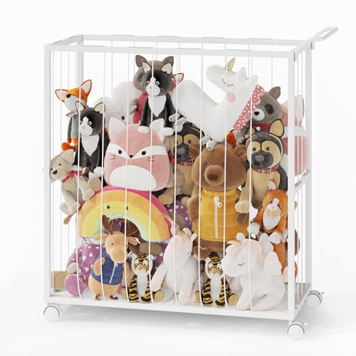 BBLIKE Stuffed Animal Storage - Zoo Soft Toy Storage Organizer for Teddy, Save Space Plush Toys Chest with Wheels, Large Capacity Stuffed Animal Holder for Kids Room, Playroom, Nursery(White)