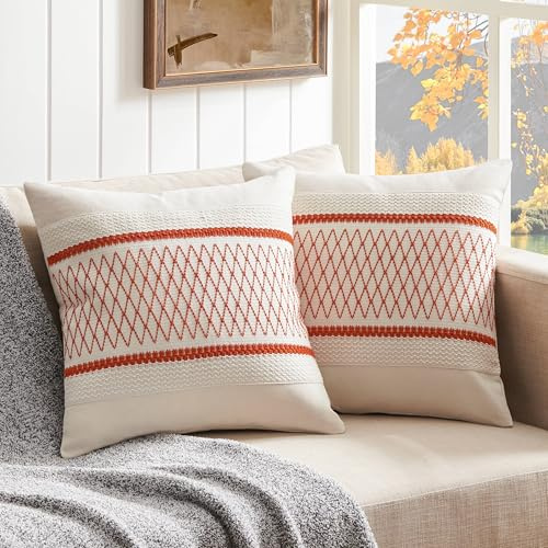 ZeeMart Boho-Kissenbezüge aus Baumwolle, 40,6 x 40,6 cm, Raster-Orange, weich, Bauernhaus, dekorative Herbst-Couch-Kissenbezüge, gebranntes Orange, Kissenbezüge für Sofa, Bett, Wohnzimmer,