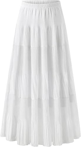 comefohome Maxirock Rock Lang Damen Sommer Maxi Rock Chiffon Skirt Bohemien Sommerrock Elastische Taille Plissierter Röck Weiß XXL