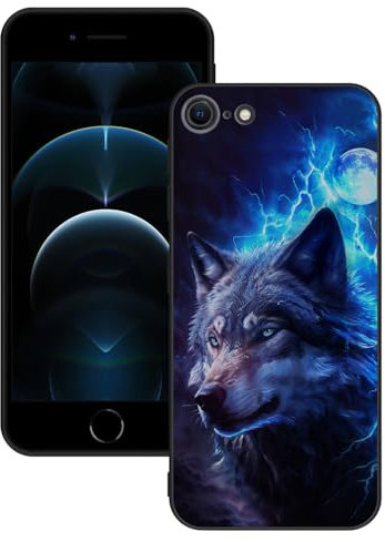 DiaryTown Hülle Kompatibel mit iPhone SE 2022 / SE 2020 Hülle Silikon mit Tier Motiv Handyhülle Schwarz Case Cover Kratzfest Stoßfeste Kameraschutz Schutzhülle für iPhone 8 / iPhone 7 - Blauer Wolf