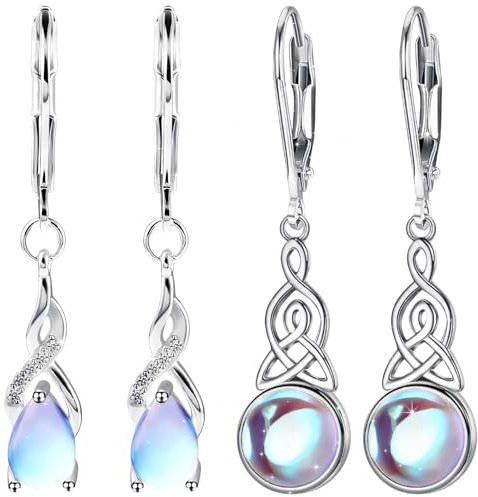 Srup 2 Paare Mondstein Ohrringe, HäNgend Mondstein OhrhäNger Silver, Mädchen Mondstein Zirkonia Creolen Ohrringe, Silber irischer keltischer Knoten Herz Ohrringe, Mondstein Ohrringe aus Sterling