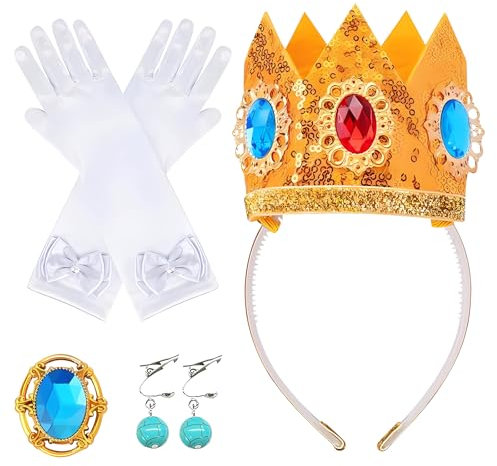 JIEBAO Prinzessin Peach Kostüm Zubehör, 4 Stück Prinzessin Peach Accessoires mit Prinzessin Peach Krone, Ohrringe, Handschuhe, Brosche, Prinzessin Peach Kostüme Zubehör für Kinder, für Karneval