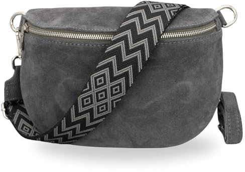 BRISE Bauchtasche Damen Wildleder AFIA Handgemachte Umhängetasche Crossbody Bag mit Ledergurt + Optionalen Breiten Gemusterten Riemen 3 Fächer Stylische Hüftltasche Made in Italy (Dunkelgrau-2)