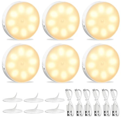 TOVARIN Luz LED con Sensor de Movimiento Magnética, Pack de 6 luces de 400 mAh, 3000K, Luces LED Cocina, Luz Adhesiva USB Recargable,Led Cocina Bajo Mubele Interior para Cocina, Escaleras