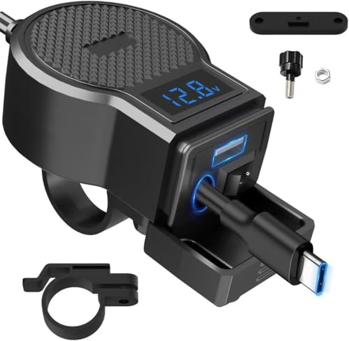 OBEST Chargeur de téléphone portable pour moto avec indicateur de tension (avec interrupteur), prise USB pour moto, 12-24 V, universel, type C + USB, câble de charge rapide rétractable