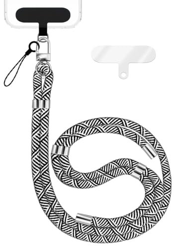 NALIA HoldMe Universal Handykette für Smartphone & Handyhüllen, Nylon-Seil Verstellbar & Abnehmbar, Umhänge-Band, Handyband, Lanyard mit Karabiner (silber) & 2 Patches, Farbe:Schwarz Weiß