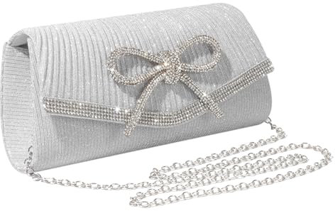 Mayoii Funkelnde Strass Schleife Eveing Bag für Frauen Diamant Glitzer Schwarz & Silber Clutch Taschen für Hochzeit Abschlussball Party Geräumige Glamouröse Geldbörse mit Kette Schultergurt, silber